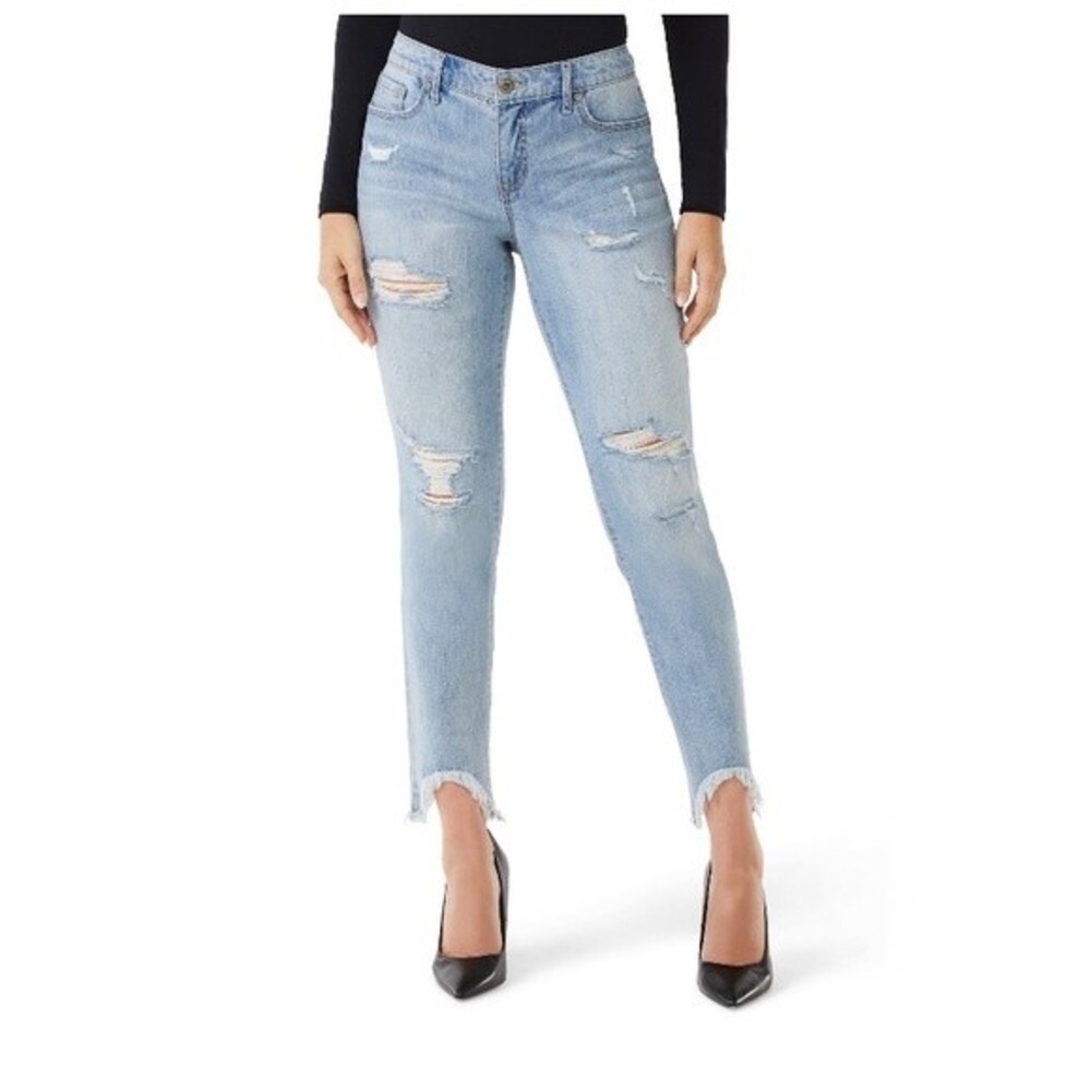 Women’s Boyfriend Mid Rise Deconstructed Sharkbite Hem Light Wash Jeans Size 14